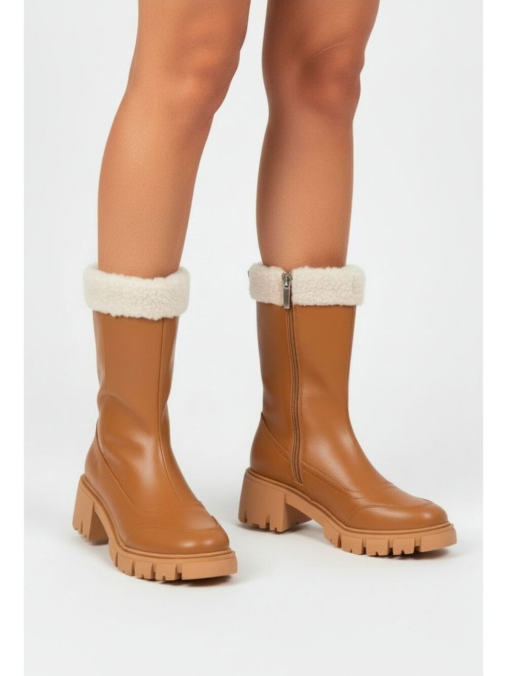 Womens Tan Faux Leather Block Heel Winter Boots With Faux Fur Lining & Side Zipp
